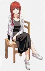 Rule 34 | 1girl, absurdres, black dress, braid, braided ponytail, chainsaw man, chair, crossed legs, dress, highres, jacket, jewelry, looking at viewer, makima (chainsaw man), medium hair, red hair, ring, ringed eyes, shiren (ourboy83), sidelocks, simple background, sitting sideways, solo, white background, white footwear, white jacket, yellow eyes