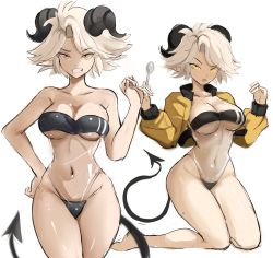 Rule 34 | 1girl, black one-piece swimsuit, blonde hair, borrowed character, breasts, cleavage, demon girl, demon horns, demon tail, gris swimsuit, hand on own hip, highres, holding, holding spoon, horns, jacket, knees together feet apart, large breasts, legs, legs together, looking at viewer, meme attire, midriff, narrow waist, navel, one-piece swimsuit, original, parted bangs, pointy ears, raised eyebrow, rakeemspoon, see-through, shiny skin, simple background, solo, spoon, susan (rakeemspoon), swept bangs, swimsuit, tail, thighs, utensil, white background, wide hips, yellow eyes, yellow jacket