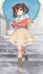 Rule 34 | 1girl, boots, bow, brown hair, fur boots, gloves, hair bow, highres, kuroko (piii), looking at viewer, original, parasol, red eyes, snow, solo, stairs, twintails, umbrella