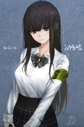 Rule 34 | 1girl, armband, black bow, black bowtie, black hair, black skirt, blue background, bow, bowtie, breasts, brown eyes, character name, closed mouth, collared shirt, cowboy shot, dated, dress shirt, ear protection, expressionless, girls&#039; frontline, green hair, long hair, long sleeves, m4a1 (girls&#039; frontline), medium breasts, multicolored hair, plaid, plaid bow, plaid bowtie, plaid neckwear, plaid skirt, shirt, sidelocks, signature, skirt, solo, straight hair, streaked hair, ten cws, white shirt