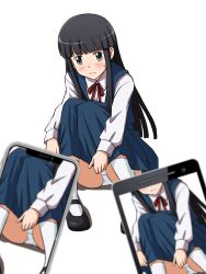 Rule 34 | 1girl, black eyes, black footwear, black hair, blue dress, blunt bangs, blush, cellphone, closed mouth, commentary request, crotch seam, dress, dress shirt, dress tug, frown, highres, hime cut, lielos, long hair, long sleeves, looking at viewer, mary janes, medium dress, neck ribbon, original, panties, pantyshot, partial commentary, phone, pinafore dress, pov, red ribbon, ribbon, sakamoto miko, school uniform, shadow, shirt, shoes, simple background, sleeveless, sleeveless dress, smartphone, socks, straight hair, sweatdrop, taking picture, underwear, white background, white panties, white shirt, white socks, wing collar