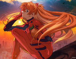 Rule 34 | 1girl, absurdres, alternate hair length, alternate hairstyle, artist request, blue eyes, breasts, brown hair, city, empty eyes, evening, expressionless, hair ornament, hand on own face, highres, long hair, looking at viewer, neon genesis evangelion, plugsuit, shiny clothes, sitting, sky, solo, souryuu asuka langley, two side up, very long hair, wide hips