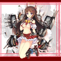 Rule 34 | 1girl, anchor hair ornament, anklet, black socks, bow, breasts, broken, brown gloves, brown hair, caio duilio (warship girls r), cannon, chain, cleavage, crop top, cropped jacket, damaged, explosion, frilled skirt, frills, full body, gloves, grey footwear, hair ornament, halo, highres, horns, italian flag, italy, jacket, jewelry, jianren, long hair, looking at viewer, machinery, midriff, navel, official art, open mouth, plaid, plaid skirt, puffy short sleeves, puffy sleeves, purple eyes, red skirt, shell, shoes, short sleeves, skirt, smoke, socks, solo, thighs, torn clothes, turret, warship girls r, white jacket, yellow bow, zoom layer