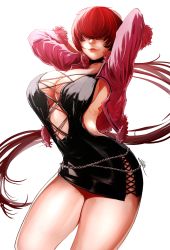 Rule 34 | 1girl, absurdres, artist request, black dress, breasts, cleavage, dress, hair over eyes, highres, jacket, large breasts, long hair, pink jacket, red hair, shermie (kof), snk, solo, the king of fighters, the king of fighters xv