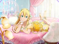 Rule 34 | 1girl, anklet, bare legs, barefoot, bed, bedroom, blonde hair, blurry, blurry foreground, breasts, cleavage, closed mouth, collarbone, feet, flower, flower anklet, game cg, green eyes, hair between eyes, hair flower, hair ornament, head rest, head wreath, jewelry, large breasts, leafa, lens flare, long hair, looking at viewer, lying, miniskirt, off-shoulder shirt, off shoulder, on bed, on stomach, orange ribbon, pointy ears, ribbon, shirt, skirt, smile, soles, solo, sparkle, sword art online, sword art online: alicization rising steel, the pose, very long hair, white flower, wrist cuffs, wrist ribbon, yellow shirt, yellow skirt