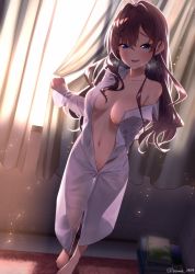 Rule 34 | 1girl, ahoge, antenna hair, areola slip, arm behind back, backlighting, baffu, blue eyes, blush, book, breasts, breasts apart, brown hair, center opening, coat, collarbone, commentary request, curtains, earrings, feet, hair intakes, heavy breathing, highres, hip focus, ichinose shiki, idolmaster, idolmaster cinderella girls, indoors, jewelry, lab coat, legs, long hair, looking at viewer, medium breasts, naked coat, naked labcoat, navel, no bra, off shoulder, open mouth, smile, solo, sweat, topless, twitter username, wavy hair