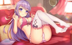 Rule 34 | 1girl, ass, blush, bra, breasts, couch, curtains, feet, indoors, large breasts, long hair, looking at viewer, lying, no shoes, open mouth, panties, pillow, pink panties, pretty angel, purple eyes, purple hair, ribbon, solo, striped clothes, striped panties, thighhighs, thighs, underwear, underwear only, window