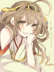 Rule 34 | 10s, 1girl, ahoge, blush, brown eyes, brown hair, hand on own cheek, hand on own face, it&#039;s ok to touch, kantai collection, kongou (kancolle), nontraditional miko, simple background, solo, translation request, uru uzuki