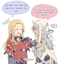 Rule 34 | 2girls, armor, blonde hair, blue eyes, blush, bodysuit, breastplate, breasts, brown eyes, caitlin glass, cape, cosplay, costume switch, dark skin, dark-skinned female, elma (xenoblade x), fire emblem, fire emblem echoes: shadows of valentia, gloves, hair ornament, helmet, highres, jewelry, long hair, mathilda (fire emblem), multiple girls, nintendo, open mouth, polearm, voice actor connection, shirohunter, simple background, smile, weapon, white hair, xenoblade chronicles (series), xenoblade chronicles x