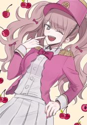 Rule 34 | 1girl, :d, alternate costume, bow, bowtie, cherry, collared shirt, danganronpa: trigger happy havoc, danganronpa (series), dress shirt, enoshima junko, food, fruit, highres, jacket, jecheubo, long hair, long sleeves, nail polish, one eye closed, open clothes, open jacket, open mouth, outline, pink bow, pink bowtie, pink jacket, pink nails, pleated skirt, shirt, skirt, smile, solo, teeth, twintails, upper teeth only, white outline, white shirt