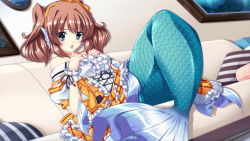 Rule 34 | 1girl, artist request, blue eyes, blush, brown hair, couch, fins, game cg, head fins, looking at viewer, medium hair, mermaid, monster girl, monster musume no iru nichijou, monster musume no iru nichijou online, official art, on couch, open mouth, pillow, rui (monster musume), solo