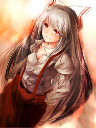 Rule 34 | 1girl, bow, breasts, cleavage, dress shirt, dutch angle, female focus, fujiwara no mokou, gradient background, grin, hair bow, hands in pockets, highres, long hair, metalwasabi, pants, red eyes, shirt, silver hair, smile, solo, suspenders, touhou, very long hair