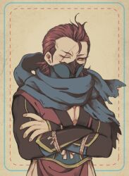 Rule 34 | 1boy, armor, blue scarf, crossed arms, fire emblem, fire emblem fates, hair slicked back, japanese armor, japanese clothes, looking to the side, male focus, mask, masterpidies, mouth mask, ninja, ninja mask, nintendo, one eye closed, pectoral cleavage, pectorals, red hair, saizo (fire emblem), scar, scar across eye, scarf
