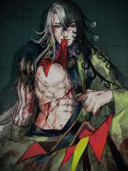 Rule 34 | 1boy, abs, ashiya douman (fate), asymmetrical clothes, asymmetrical hair, bell, black eyes, black hair, blood, blood on clothes, blood on face, blood on hands, blood stain, bruise, curly hair, earrings, eyeshadow, fang, fate/grand order, fate (series), fingernails, green eyeshadow, green kimono, green lips, green nails, hadanugi dousa, hair bell, hair between eyes, hair intakes, hair ornament, highres, injury, japanese clothes, jewelry, kimono, lipstick, long hair, looking at viewer, magatama, magatama earrings, makeup, male focus, multicolored hair, nail polish, navel, nipples, noka (noka8103), open clothes, open kimono, pectorals, revision, ribbed sleeves, sharp fingernails, sitting, solo, split-color hair, toned, toned male, translation request, two-tone hair, very long fingernails, very long hair, white hair