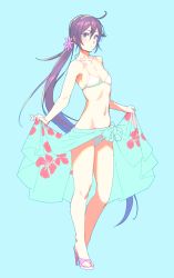 Rule 34 | 1girl, aged up, ahoge, akebono (kancolle), alternate costume, bare shoulders, bikini, blue background, blush, breasts, closed mouth, floral print, flower, full body, hair flower, hair ornament, high heels, highres, holding, kantai collection, long hair, looking at viewer, navel, ponytail, purple eyes, purple hair, sarong, side ponytail, simple background, small breasts, solo, standing, swimsuit, toeless footwear, very long hair, white bikini, yuuji (and)