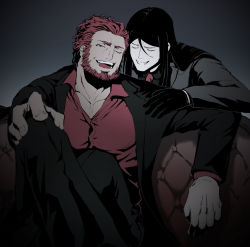 Rule 34 | 2boys, alternate costume, black pants, black suit, couch, fate/grand order, fate (series), formal, gloves, highres, iskandar (fate), jacket, large pectorals, lord el-melloi ii, pectoral cleavage, male focus, mature male, multiple boys, muscular, muscular male, on couch, one eye closed, open clothes, open jacket, pants, partially unbuttoned, pectorals, red shirt, shababuru, shirt, short hair, smile, suit, waver velvet