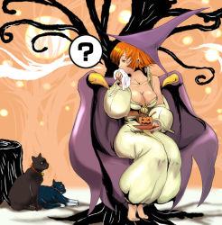 Rule 34 | 1girl, ?, barefoot, blue eyes, boots, breasts, capcom, cape, cat, chair, claws, cleavage, cup, dress, full body, halloween, hat, jack-o&#039;-lantern, looking back, moon, okazuwa shake, orange hair, outdoors, pumpkin, red hair, short hair, sitting, solo, tabasa, tea, teacup, tree, warzard, witch, witch hat