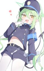 Rule 34 | 1girl, black hat, black jacket, black shorts, black tail, blue archive, blush, buttons, demon tail, double-breasted, earrings, fang, gloves, green hair, green halo, hair between eyes, halo, hat, heart, nozomi (blue archive), highres, jacket, jewelry, long hair, long sleeves, looking at viewer, matchadzuke, open mouth, pantyhose, peaked cap, pointy ears, shorts, simple background, single earring, skin fang, smile, solo, tail, twintails, white background, white gloves, white pantyhose, yellow eyes