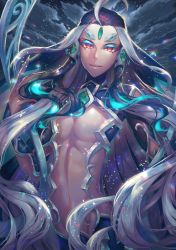 absurdres ahoge aqua_hair black_hair eyeshadow fate/grand_order fate_(series) forehead_jewel hand_up highres huge_filesize kozou_kazaru long_hair looking_at_viewer makeup midriff multicolored_hair red_eyes shi_huang_di_(fate) solo very_long_hair white_hair