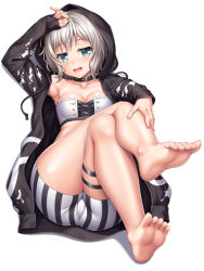 Rule 34 | 1girl, :d, aoba moca, ass, bang dream!, bare legs, barefoot, bike shorts, black hoodie, breasts, cleavage, collar, collarbone, drawstring, feet, full body, green eyes, hand on own forehead, hood, hood up, hoodie, lambda (kusowarota), crossed legs, long sleeves, looking at viewer, medium breasts, open mouth, short hair, simple background, sitting, sleeves past wrists, smile, soles, solo, striped, studded collar, thigh strap, toes, vertical stripes, white background, white hair