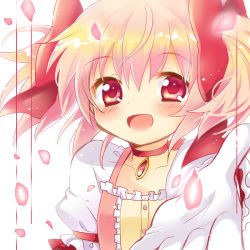 Rule 34 | 10s, 1girl, :d, blush, cherry blossoms, choker, gloves, kaname madoka, magical girl, mahou shoujo madoka magica, mahou shoujo madoka magica (anime), mochizuki yomogi, open mouth, reaching, red eyes, smile, solo, twintails