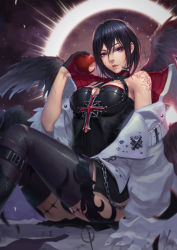 Rule 34 | 1girl, absurdres, apple, bare shoulders, black footwear, black gloves, black hair, black thighhighs, black wings, breasts, cleavage, cleavage cutout, clothing cutout, coat, cross, dungeon and fighter, eating, female priest (dungeon and fighter), food, fruit, gloves, halo, head tilt, highres, holding, holding food, holding fruit, leather suit, lipstick, looking at viewer, makeup, medium breasts, mistress (dungeon and fighter), nose, o-ring, o-ring top, off shoulder, parted lips, purple eyes, scar, short hair, sitting, solo, tattoo, thighhighs, thighs, white coat, wings, ye shang zhu
