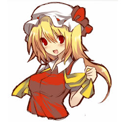 Rule 34 | 1girl, aged up, bad id, bad pixiv id, blonde hair, breasts, embodiment of scarlet devil, female focus, flandre scarlet, hat, lowres, oshiruko (tsume), red eyes, solo, touhou, undressing, upper body