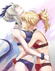 Rule 34 | 2girls, artoria pendragon (fate), artoria pendragon (lancer alter) (fate), bare shoulders, blonde hair, blush, bra, braid, breasts, choker, fate/grand order, fate (series), green eyes, grey hair, hand on another&#039;s head, highres, horns, large breasts, long hair, mordred (fate), mordred (fate/apocrypha), mother and daughter, multiple girls, panties, parted bangs, ponytail, scrunchie, sidelocks, small breasts, tail, tonee, underwear, underwear only, wrist scrunchie, yellow eyes, yuri