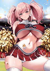 Rule 34 | 1girl, atlanta (kancolle), blush, breasts, brown hair, cheering, cheerleader, cowboy shot, day, earrings, grey eyes, groin, highres, holding, holding pom poms, jewelry, kantai collection, kyogoku shin, large breasts, long hair, looking at viewer, navel, open mouth, outdoors, panties, pom pom (cheerleading), pom poms, red skirt, single earring, skirt, solo, star (symbol), star earrings, thighhighs, two side up, underboob, underwear, white panties, white thighhighs