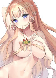 Rule 34 | 1girl, blonde hair, blue eyes, blush, bow, breasts, completely nude, elf, hair bow, hair ornament, kohana (princessxhana), large breasts, long hair, looking at viewer, navel, nude, pointy ears, princess connect!, saren (christmas) (princess connect!), saren (princess connect!), solo