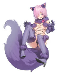 Rule 34 | 1girl, :d, animal ears, blush, boots, bow, breasts, claw pose, elbow gloves, fate/grand order, fate (series), full body, fur-trimmed boots, fur-trimmed gloves, fur collar, fur trim, gloves, hair over one eye, high heel boots, high heels, highres, looking at viewer, mash kyrielight, mash kyrielight (dangerous beast), medium breasts, mx2j, official alternate costume, open mouth, pink bow, purple eyes, purple footwear, purple gloves, purple hair, revealing clothes, short hair, smile, solo, sweat, tail, thigh boots, thighhighs, underboob, wolf ears, wolf tail