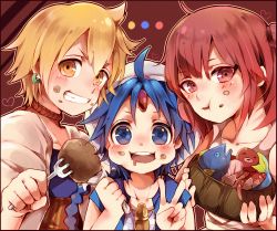 Rule 34 | 1girl, 2boys, :t, ahoge, aladdin (magi), ali baba saluja, bad id, bad pixiv id, blonde hair, blue eyes, blue hair, blush, border, breasts, collarbone, earrings, eating, fishhead, food, food on face, fork, gem, heart, holding, holding fork, inazume-panko, jewelry, looking at viewer, magi the labyrinth of magic, morgiana, multiple boys, octopus, open mouth, outline, pinko (inazume-panko), red eyes, side ponytail, turban, v, x x, yellow eyes