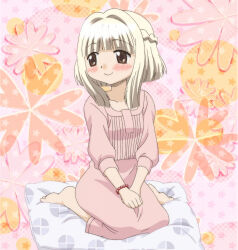 Rule 34 | 1girl, barefoot, bracelet, brown eyes, closed eyes, closed mouth, collarbone, dot nose, female focus, half updo, hidamari sketch, highres, jewelry, long sleeves, looking to the side, medium hair, nazuna (hidamari sketch), pillow, sidelocks, sitting, smile, solo, stitched, third-party edit