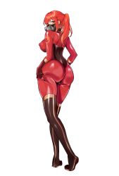 Rule 34 | 1girl, absurdres, ass, black footwear, black gloves, blush, bodysuit, boots, breasts, commission, full body, gas mask, genderswap, genderswap (otf), gloves, highres, large breasts, long hair, looking at viewer, looking back, mask, ponytail, pyro (tf2), red bodysuit, red eyes, red hair, red pyro (tf2), sennei, simple background, solo, team fortress 2, thigh boots, white background