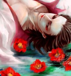 Rule 34 | 1boy, artist name, brown eyes, brown hair, closed mouth, collarbone, eyeshadow, flower, izou (one piece), kamuna8046z, lipstick, looking at viewer, lying, makeup, male focus, medium hair, on back, one piece, open clothes, red eyeshadow, red flower, red lips, signature, solo, source request, upper body