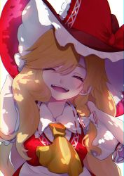 Rule 34 | 1girl, absurdres, alternate costume, apron, ascot, bad id, bad pixiv id, blonde hair, bow, braid, chromatic aberration, collared shirt, dress, frilled bow, frilled dress, frilled hat, frills, hair bow, hat, hat bow, hat ribbon, highres, kirisame marisa, long hair, open mouth, puffy sleeves, red bow, ribbon, ribbon-trimmed sleeves, ribbon trim, shirt, short sleeves, simple background, skirt, skirt set, smile, solo, touhou, uchisaki himari, waist apron, white background, white bow, witch hat, yellow ascot