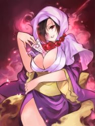 Rule 34 | 1girl, aura, bad id, bad pixiv id, beads, between breasts, black hair, breasts, cleavage, cowboy shot, grin, hair over one eye, hand on own hip, head tilt, highres, holding, hood, japanese clothes, jewelry, kimono, large breasts, long sleeves, looking at viewer, mole, mole under eye, necklace, oboro keisuke, ofuda, ookami (game), parted lips, prayer beads, rao, red eyes, sash, side slit, smile, solo, talisman, tsuzurao, wide sleeves
