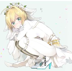 Rule 34 | 10s, 1girl, ahoge, ankle boots, belt, blonde hair, blush, bodysuit, boots, breasts, bridal veil, chain, closed mouth, crossed arms, dress, eyelashes, fate/extra, fate/extra ccc, fate/grand order, fate (series), flower, from side, full body, gloves, green eyes, hair flower, hair ornament, head wreath, high heel boots, high heels, highres, hugging own legs, kneeling, large breasts, leaning forward, long sleeves, looking at viewer, md5 mismatch, nero claudius (bride) (fate), nero claudius (fate), nero claudius (fate) (all), petals, pout, revision, simple background, sino (sionori), skin tight, solo, squatting, text focus, thigh strap, thighhighs, translated, veil, waist cape, white dress, white flower, white footwear, white gloves, white thighhighs, zipper