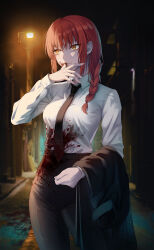 Rule 34 | 1girl, absurdres, black necktie, black pants, blood, blood on clothes, braid, breasts, chainsaw man, commentary, cowboy shot, hand up, highres, leggings, long hair, long sleeves, makima (chainsaw man), necktie, pants, red hair, research (rsrh), shirt, small breasts, solo, standing, white shirt, yellow eyes