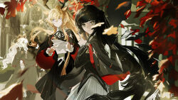 Rule 34 | 2boys, 2girls, ahoge, animal ears, antlers, architecture, arknights, artist name, autumn leaves, belt, black belt, black capelet, black eyes, black hair, black halo, black jacket, black ribbon, black shirt, black skirt, black wings, blonde hair, blunt bangs, blurry, blurry background, blurry foreground, broken halo, buttons, capelet, chinese commentary, closed mouth, commentary request, cowboy shot, dark halo, day, deer antlers, deer ears, deer girl, depth of field, detached wings, dress shirt, ebenholz (arknights), emblem, energy wings, expressionless, facing viewer, falling leaves, floating hair, from side, goat boy, goat ears, goat horns, grey skirt, hair between eyes, hair ornament, halo, hand up, hands up, hedge, high collar, highres, hime cut, holding, holding paper, horns, index finger raised, jacket, kreide (arknights), leaf, light rays, light smile, long hair, long skirt, long sleeves, looking afar, looking ahead, looking at another, looking at viewer, mole, mole under eye, multicolored capelet, multiple boys, multiple girls, musical note, neck ribbon, outdoors, pale skin, paper, parted lips, pef, pleated skirt, pocket, profile, purple eyes, red capelet, ribbon, see-through, shade, shadow, sheet music, shirt, sidelocks, skirt, sunlight, two-tone capelet, very long hair, virtuosa (arknights), viviana (arknights), watermark, wavy hair, weibo logo, weibo username, white hair, wind, wings, x hair ornament