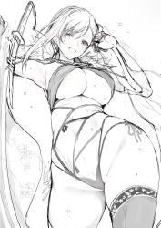 Rule 34 | ahoge, blue gk, breasts, cleavage, cowboy shot, fate/grand order, fate (series), from below, greyscale, hair between eyes, hair bun, hair intakes, halterneck, hand on own head, head tilt, highres, hip focus, katana, large breasts, looking at viewer, miyamoto musashi (fate), miyamoto musashi (fate/grand order), miyamoto musashi (swimsuit berserker) (fate), miyamoto musashi (swimsuit berserker) (third ascension) (fate), monochrome, one-piece swimsuit, one eye closed, simple background, single hair intake, single side bun, single thighhigh, sketch, skindentation, solo, standing, swept bangs, swimsuit, sword, thighhighs, thighs, two-tone swimsuit, underboob, water drop, weapon