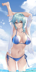 Rule 34 | 1girl, absurdres, armpits, arms up, bikini, blue bikini, blue hair, blue sky, breasts, cloud, collarbone, commentary request, cowboy shot, day, eula (genshin impact), genshin impact, groin, hair between eyes, hair ornament, highres, large breasts, linreplica, looking at viewer, medium hair, navel, open clothes, open shirt, outdoors, red lips, shirt, side-tie bikini bottom, sky, smile, solo, standing, stomach, swimsuit, thighs, wading, water, white shirt, yellow eyes