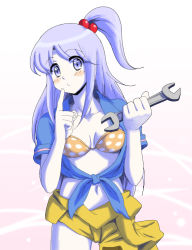 Rule 34 | 1girl, asymmetrical hair, bad id, bad pixiv id, blue eyes, bra, breasts, female focus, female mechanic, gradient background, greatestwashi, hair bobbles, hair ornament, lingerie, metal max, metal max 2 reloaded, metal max 3, mystic square, parody, shinki (touhou), side ponytail, silver hair, solo, touhou, touhou (pc-98), underwear, white background, wrench