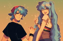 Rule 34 | 1boy, 1girl, ;p, alternate costume, backwards hat, black shirt, blue hair, blue skirt, blush, boyfriend (friday night funkin&#039;), bracelet, dress, friday night funkin&#039;, hat, hatsune miku, highres, jewelry, linmiee, long hair, looking at viewer, one eye closed, red headwear, shirt, skirt, smile, sparkle, striped, tongue, tongue out, twintails, v, vocaloid, white shirt