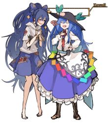 Rule 34 | 2girls, arrow (symbol), barefoot, black hat, blue bow, blue hair, blush, boots, bow, brown footwear, closed eyes, commentary request, food, fruit, fujinohara akihira, full body, hair between eyes, hair bow, hand on own hip, hat, height difference, hinanawi tenshi, holding, holding stuffed toy, hood, hoodie, leaf, long hair, long sleeves, looking at another, multiple girls, no nose, peach, ponytail, rainbow order, romaji text, short sleeves, smile, sparkle, standing, stuffed animal, stuffed toy, touhou, very long hair, white background, yorigami shion