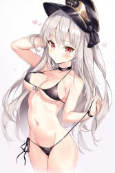 Rule 34 | 1girl, bare arms, bare shoulders, bikini, black bikini, black choker, black hat, black wristband, breasts, choker, collarbone, commentary, cowboy shot, cross, front-tie top, girls&#039; frontline, groin, halterneck, hand in own hair, hand up, hat, highres, holding, iron cross, kar98k (girls&#039; frontline), long hair, looking at viewer, medium breasts, narae, navel, peaked cap, red eyes, side-tie bikini bottom, simple background, solo, standing, stomach, swimsuit, untied bikini, very long hair, white background, white hair, wristband