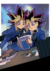 Rule 34 | 2boys, ?, black hair, blonde hair, book, card, commentary, desk, english text, holding, holding book, jacket, male focus, medium hair, multicolored hair, multiple boys, open clothes, open jacket, purple eyes, purple hair, shi (shooo ttt), space, symbol-only commentary, yu-gi-oh!, yu-gi-oh! duel monsters