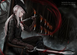 Rule 34 | 1girl, ascot, blood, bloodborne, blue eyes, boots, cape, chair, coat, defenixx, double-blade, gem, gloves, hat, hat feather, holding, lady maria of the astral clocktower, long hair, looking at viewer, ponytail, rakuyo (bloodborne), simple background, smile, solo, sword, the old hunters, tricorne, weapon, white hair