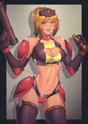 Rule 34 | 1girl, :d, absurdres, armor, bare shoulders, bikini armor, black border, black gloves, black thighhighs, blonde hair, blush, border, breasts, bullet, cleavage, cleavage cutout, clothing cutout, commentary request, covered collarbone, cowboy shot, dark-skinned female, dark skin, drop shadow, elbow gloves, elbow pads, eyebrows hidden by hair, faulds, gloves, gluteal fold, grey background, gun, hair between eyes, headgear, highres, holding, holding bullet, holding gun, holding weapon, kirin ouji, large breasts, lips, looking at viewer, mecha musume, medium hair, midriff, navel, open mouth, original, ponytail, red eyes, shoulder pads, sidelocks, simple background, smile, solo, standing, teeth, thighhighs, upper teeth only, weapon