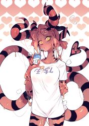 Rule 34 | 1girl, absurdres, arm behind back, black skin, blush, breasts, colored skin, commentary request, demon horns, demon tail, drinking straw, heart, heart background, highres, horns, juice box, karasu raven, long tail, looking at viewer, medium breasts, meme, monster girl, multicolored skin, original, pajamas challenge, print shirt, red hair, red skin, shirt, slime (substance), slime girl, solo, standing, t-shirt, tail, two-tone skin, yellow eyes